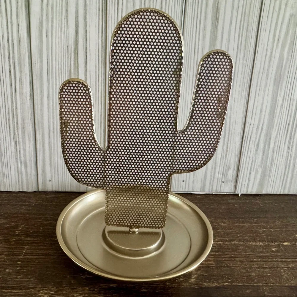 Gold Metal Cactus Jewelry Stand Earring Holder Necklace Organizer with Tray